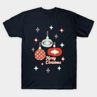 Merry Christmas Mid Century Modern Ornaments in Red, Light Blue and Charcoal T-Shirt